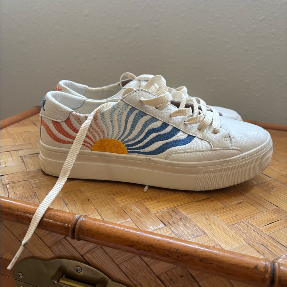 Soludos White Leather Sneakers with Blue, Orange & Yellow Sunburst